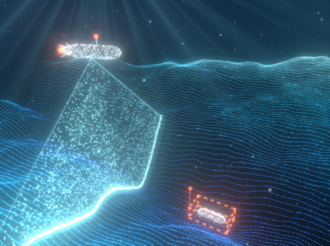 Illustration: an AUV finding a seabed target with sonar